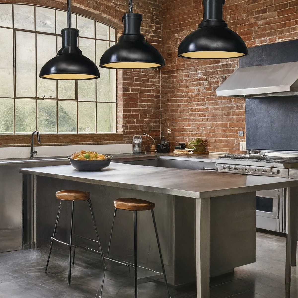 Industrial-style kitchen with exposed brick and bold accents